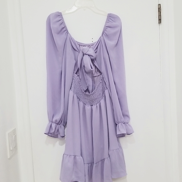 Exlura tie back long lantern sleeve elastic waist ruffle hem flowy mini dress - Picture 5 of 6